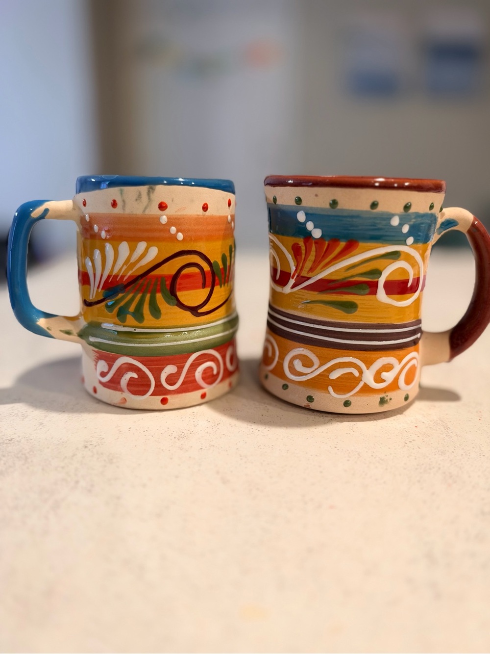 Mexican Hand-Painted Clay Pottery Mugs Set of 2 – Colorful Folk Art